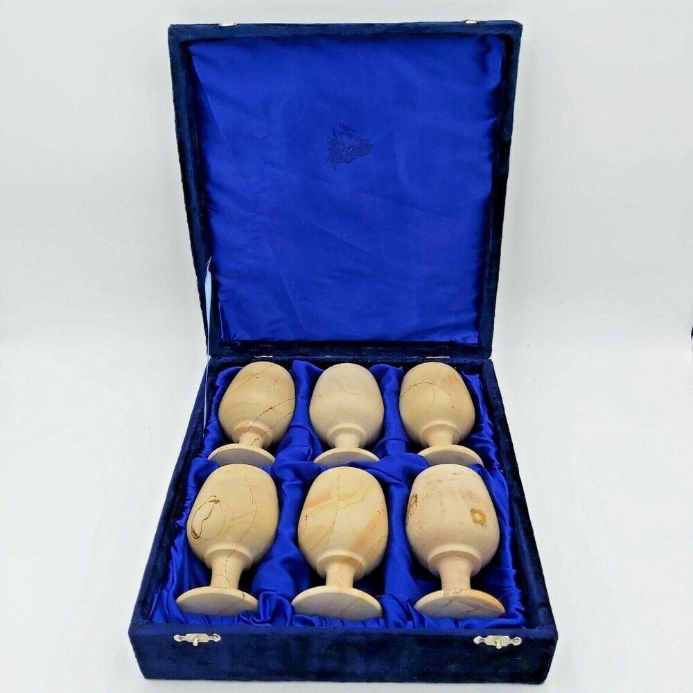 Carved Granite Stone Goblets in Velvet Case with Flower Frogs Table Decor Vases